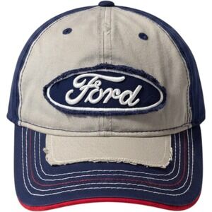 Ford Motor Company Distressed Navy Tan Snapback Baseball Cap Hat Frayed‎ Patch